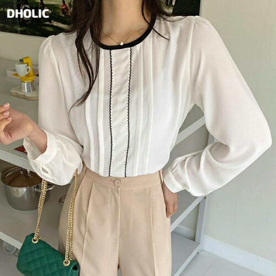 配色ラウンドタックブラウス・全4色・t00551 レディース 【bl】韓国ファッション トップス ブラウス 長袖 ラウンドネック 配色 スカラップライン ピンタック パフスリーブ シンプル カジュアル フェミニン デイリー 春 秋