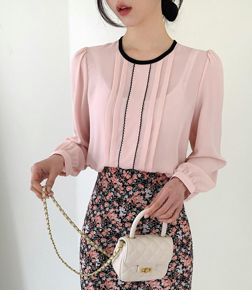 配色ラウンドタックブラウス・全4色・t00551 レディース 【bl】韓国ファッション トップス ブラウス 長袖 ラウンドネック 配色 スカラップライン ピンタック パフスリーブ シンプル カジュアル フェミニン デイリー 春 秋