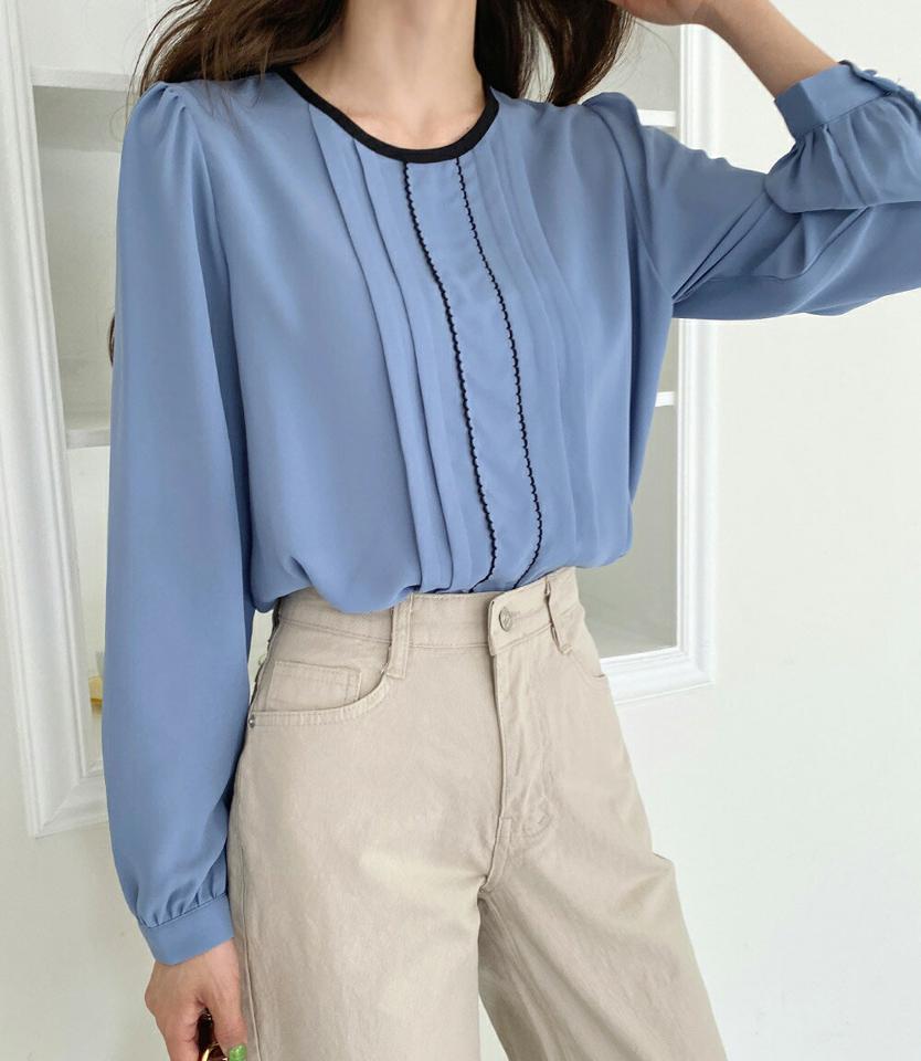 配色ラウンドタックブラウス・全4色・t00551 レディース 【bl】韓国ファッション トップス ブラウス 長袖 ラウンドネック 配色 スカラップライン ピンタック パフスリーブ シンプル カジュアル フェミニン デイリー 春 秋