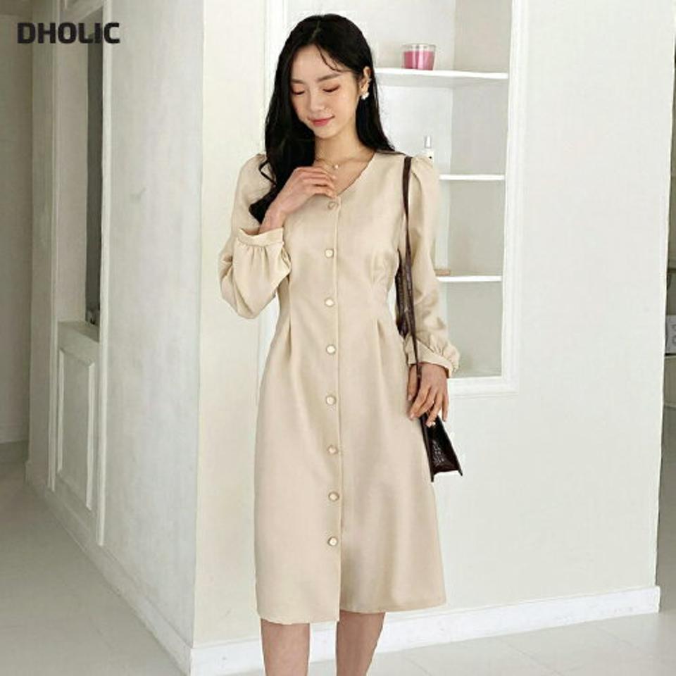 Vネックボタンリボンワンピース・全3色・t00546 レディース 【ops】韓国ファッション ワンピース ロング ロングワンピース 長袖 Vネック ボタン リボン Aライン ギャザー ロング丈 無地 シンプル 体型カバー フェミニン 春 秋