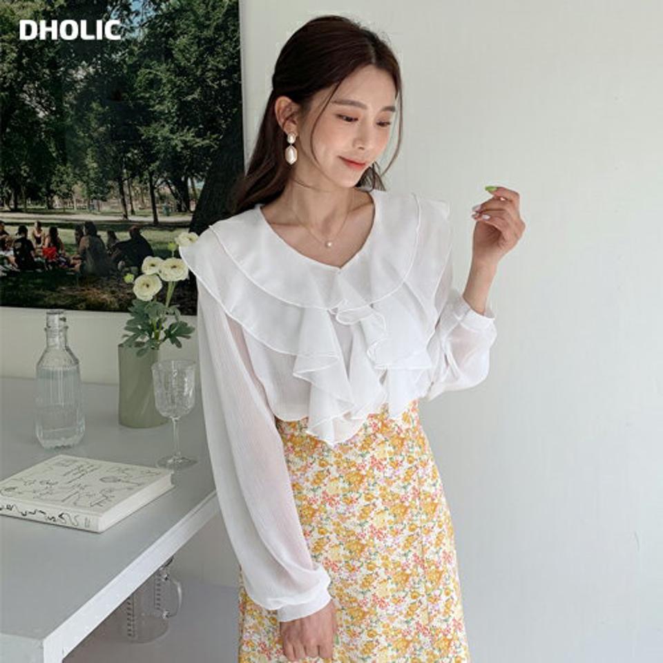 フリルリンクルシフォンブラウス・全2色・t00580 レディース 【bl】韓国ファッション トップス ブラウス 長袖 Vネック フリル リンクル シフォン かわいい 可愛い シンプル カジュアル フェミニン デイリー 春 秋