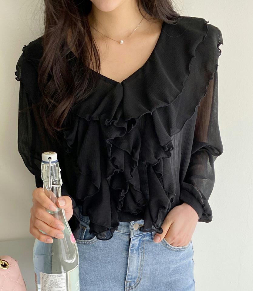フリルリンクルシフォンブラウス・全2色・t00580 レディース 【bl】韓国ファッション トップス ブラウス 長袖 Vネック フリル リンクル シフォン かわいい 可愛い シンプル カジュアル フェミニン デイリー 春 秋