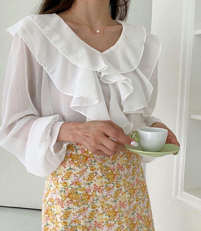 フリルリンクルシフォンブラウス・全2色・t00580 レディース 【bl】韓国ファッション トップス ブラウス 長袖 Vネック フリル リンクル シフォン かわいい 可愛い シンプル カジュアル フェミニン デイリー 春 秋