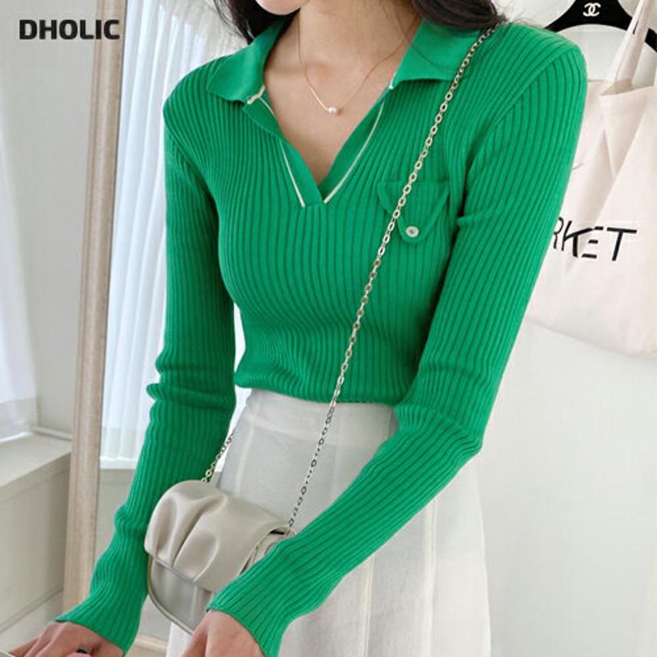 リブ配色オープンカラーニット・全3色・b00554 レディース 【tops】韓国ファッション トップス ニット 大人 長袖 カラーネック 配色 オープンカラー カラーニット スリム シンプル フェミニン カジュアル 春 秋