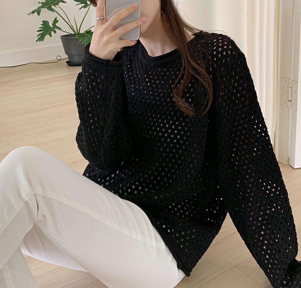 パンチングルーズロールニット・全3色・t71837 レディース 【tops】トップス ニット 大人 長袖 ラウンドネック パンチング ルーズ ロールニット シンプル ルーズ フェミニン カジュアル カラーニット 春 秋 韓国ファッション ハイホリHIHOLLI