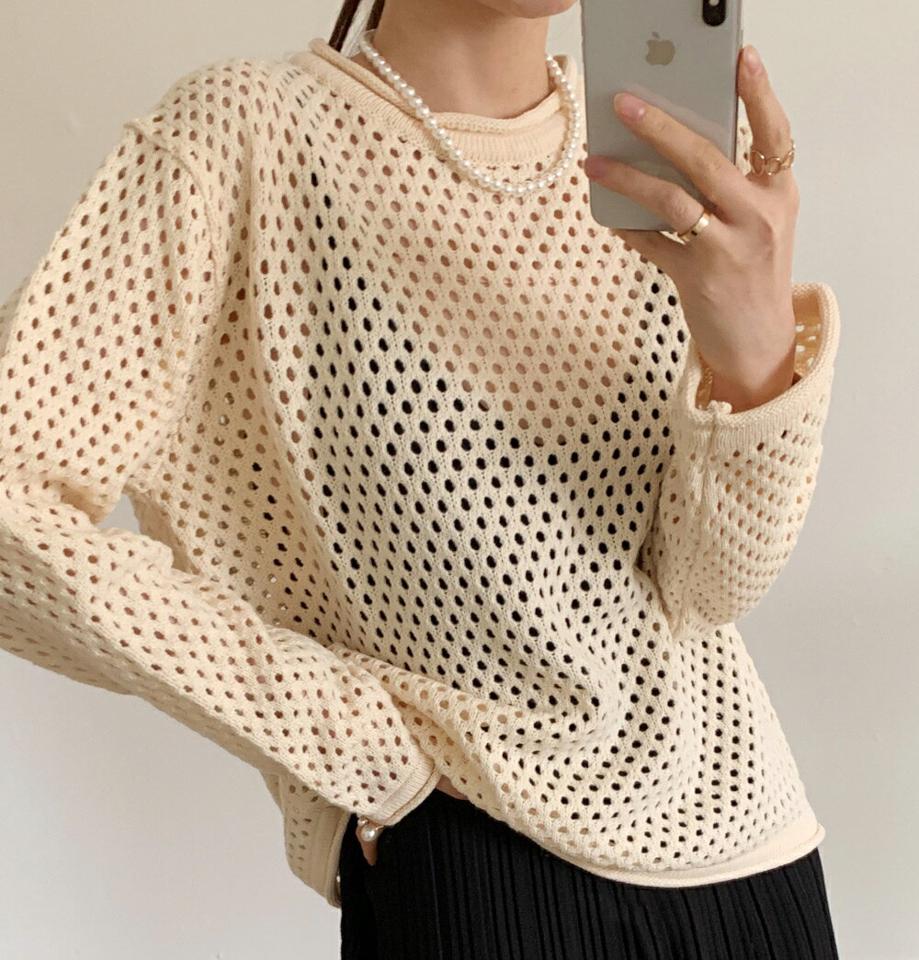 パンチングルーズロールニット・全3色・t71837 レディース 【tops】トップス ニット 大人 長袖 ラウンドネック パンチング ルーズ ロールニット シンプル ルーズ フェミニン カジュアル カラーニット 春 秋 韓国ファッション ハイホリHIHOLLI