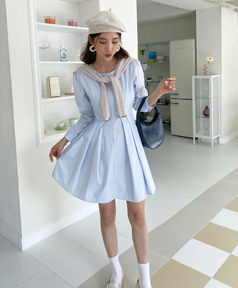 フロントプリーツミニワンピース・全3色・t00560 レディース 【ops】韓国ファッション ワンピース ミニ ミニワンピース 長袖 ラウンドネック プリーツ フレア ピンタック パフスリーブ ミニ丈 シンプル カジュアル ガーリー 春 秋