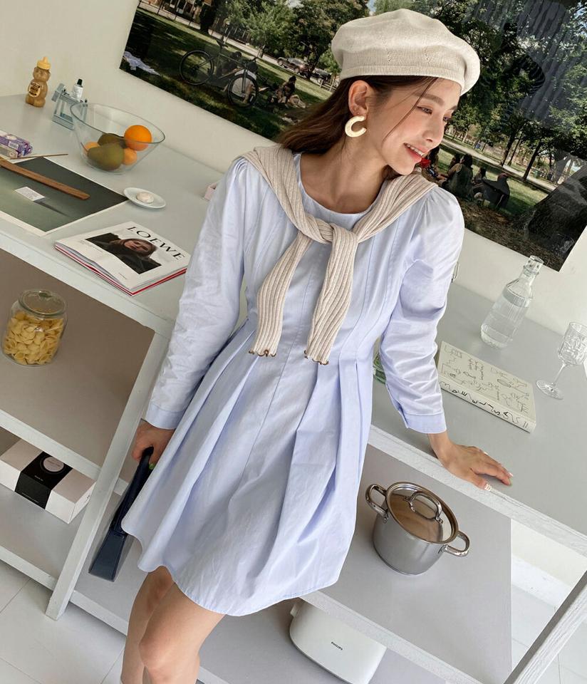 フロントプリーツミニワンピース・全3色・t00560 レディース 【ops】韓国ファッション ワンピース ミニ ミニワンピース 長袖 ラウンドネック プリーツ フレア ピンタック パフスリーブ ミニ丈 シンプル カジュアル ガーリー 春 秋