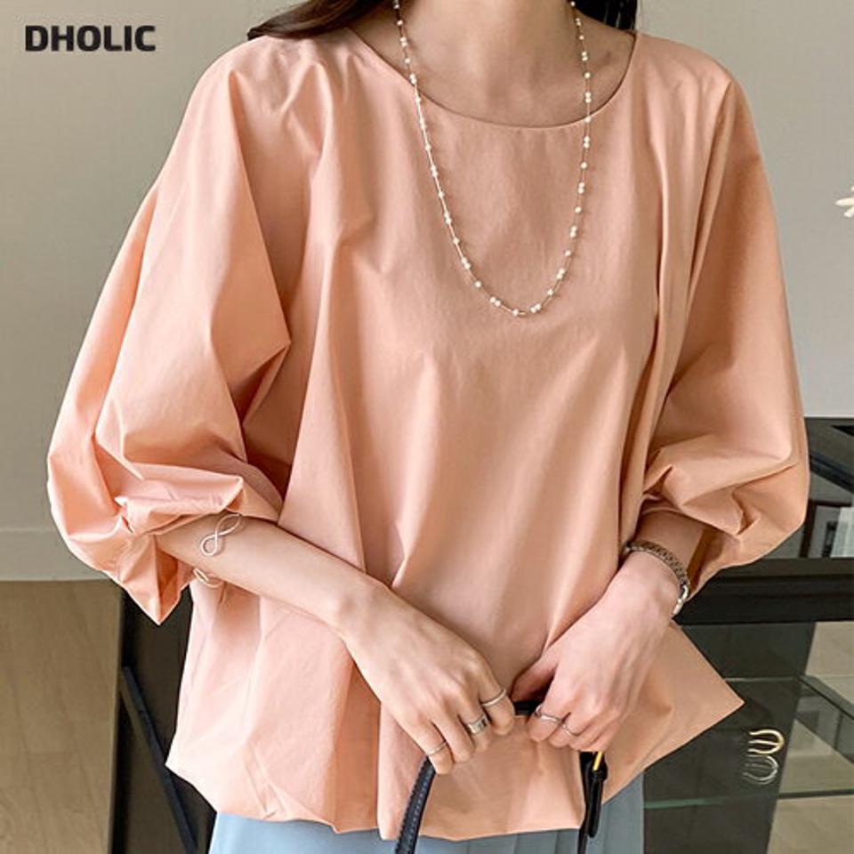 ラウンドバルーンブラウス・全3色・b71839 レディース 【bl】トップス ブラウス 七分袖 七分丈 7分袖 バルーンスリーブ 袖コン ボリューム袖 単色 無地 シンプル ゆったり カジュアル ピンク くすみ パステル 春 夏 秋 お腹カバー 韓国ファッション ハイホリHIHOLLI