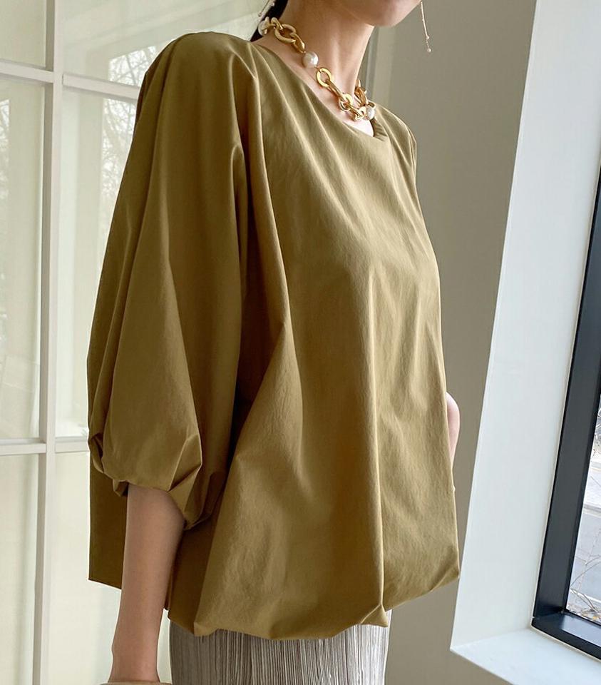 ラウンドバルーンブラウス・全3色・b71839 レディース 【bl】トップス ブラウス 七分袖 七分丈 7分袖 バルーンスリーブ 袖コン ボリューム袖 単色 無地 シンプル ゆったり カジュアル ピンク くすみ パステル 春 夏 秋 お腹カバー 韓国ファッション ハイホリHIHOLLI