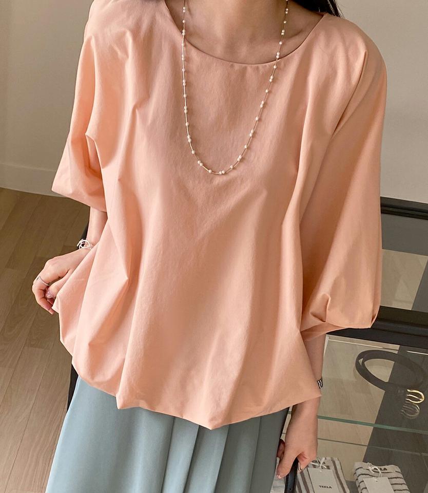 ラウンドバルーンブラウス・全3色・b71839 レディース 【bl】トップス ブラウス 七分袖 七分丈 7分袖 バルーンスリーブ 袖コン ボリューム袖 単色 無地 シンプル ゆったり カジュアル ピンク くすみ パステル 春 夏 秋 お腹カバー 韓国ファッション ハイホリHIHOLLI
