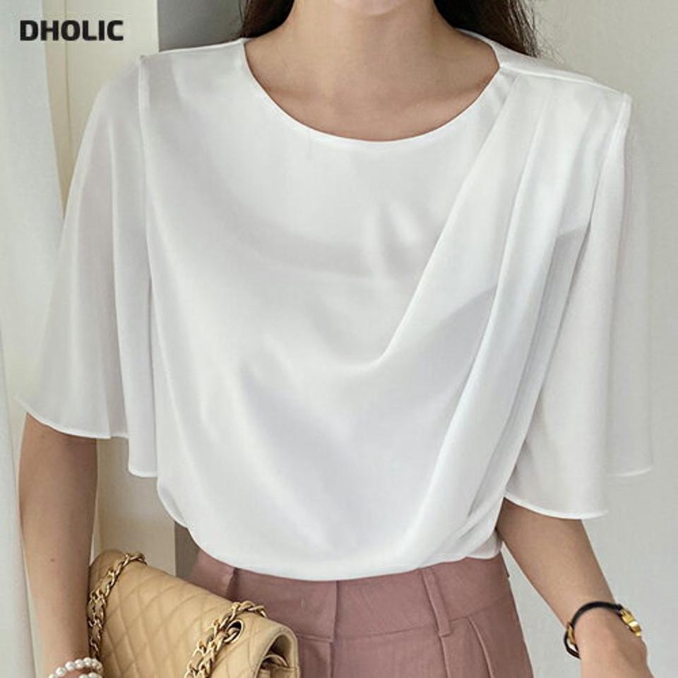 ドレープフレアスリーブブラウス・全3色・t71840 レディース 【bl】トップス ブラウス 半袖 ラウンドネック ドレープ フレアスリーブ ラウンドヘム 無地 シンプル カジュアル フェミニン 二の腕カバー 夏 春 秋 韓国ファッション ハイホリHIHOLLI