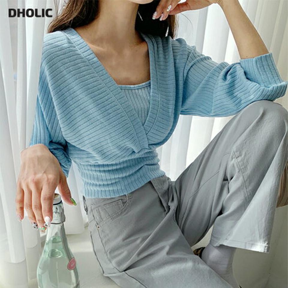 2WAYリブラップ風Tシャツ・全4色・t00552 レディース 【tops】韓国ファッション トップス Tシャツ 大人 長袖 Vネック 2WAY リブ ラップ風 リボン レイヤード 無地 シンプル フェミニン カジュアル 春 秋