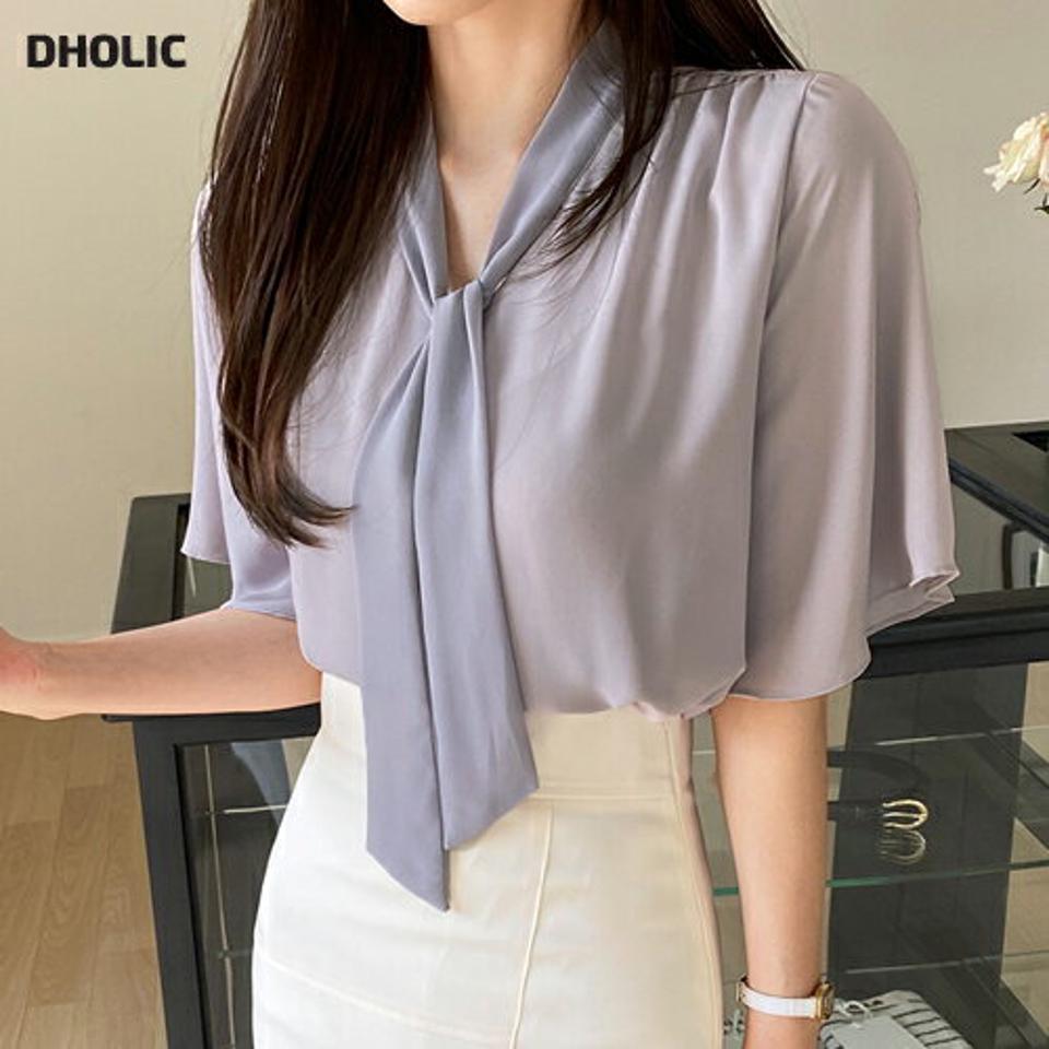 Vネックリボンフレアスリーブブラウス・全3色・t71841 レディース 【bl】トップス ブラウス 半袖 リボン フレアスリーブ ギャザー ボウタイ 無地 シンプル オフィス フェミニン 二の腕カバー 骨スト 夏 春 秋 韓国ファッション ハイホリHIHOLLI