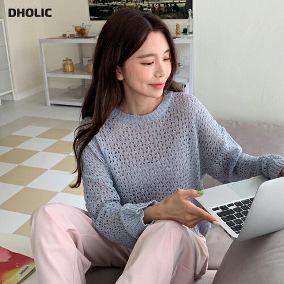 【マラソン特価】パンチングラウンドニット・全5色・t00556 レディース 【tops】韓国ファッション トップス ニット 大人 長袖 ラウンドネック メッシュ パンチング クロップド丈 ドロップショルダー ルーズ シンプル フェミニン カジュアル 春 秋