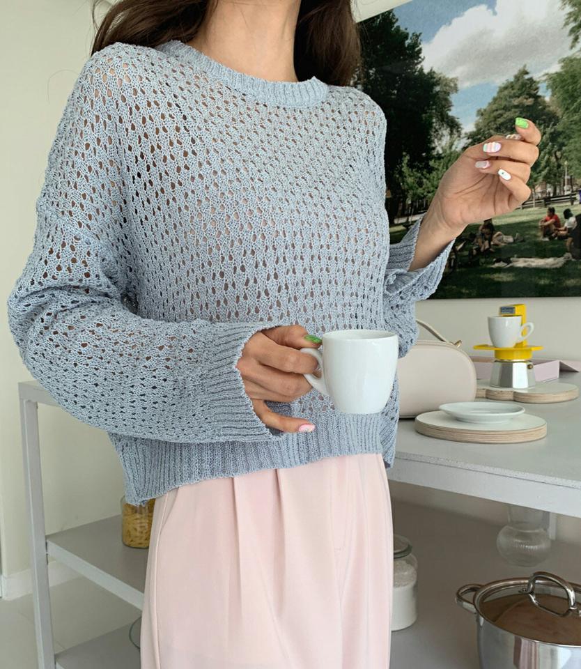 【マラソン特価】パンチングラウンドニット・全5色・t00556 レディース 【tops】韓国ファッション トップス ニット 大人 長袖 ラウンドネック メッシュ パンチング クロップド丈 ドロップショルダー ルーズ シンプル フェミニン カジュアル 春 秋