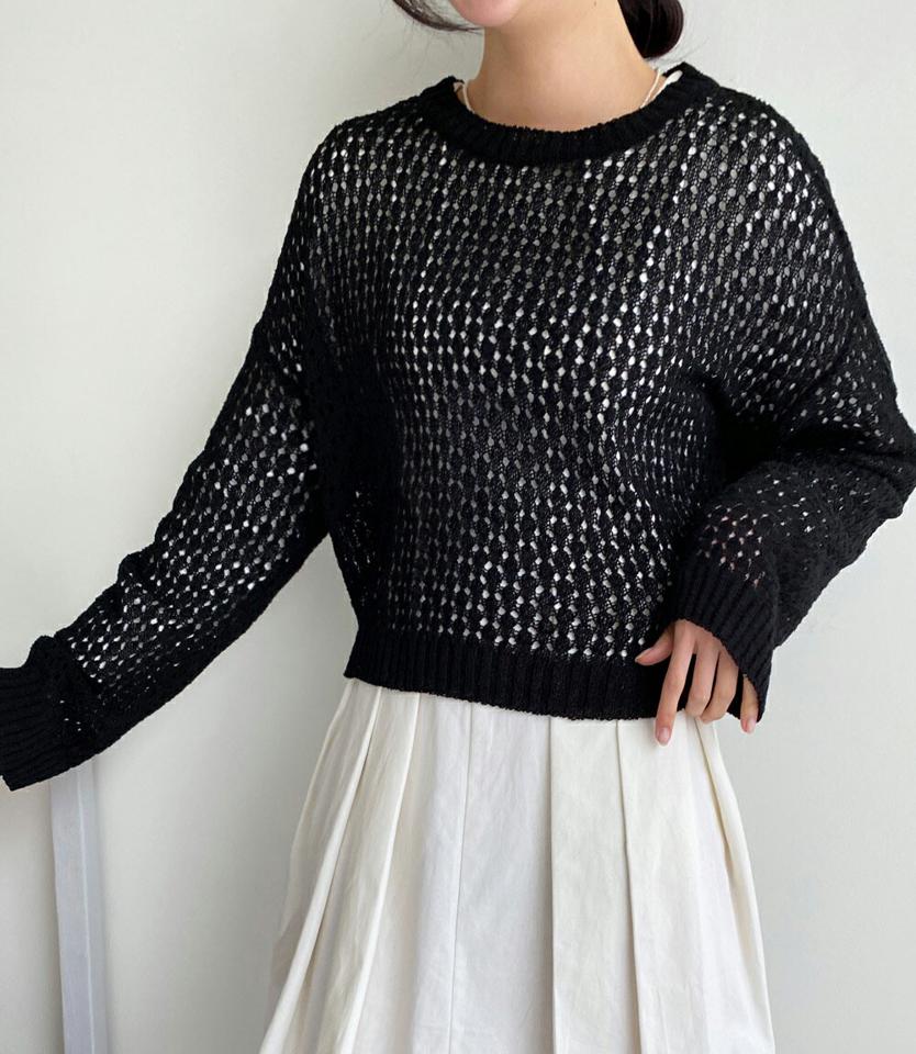 【マラソン特価】パンチングラウンドニット・全5色・t00556 レディース 【tops】韓国ファッション トップス ニット 大人 長袖 ラウンドネック メッシュ パンチング クロップド丈 ドロップショルダー ルーズ シンプル フェミニン カジュアル 春 秋