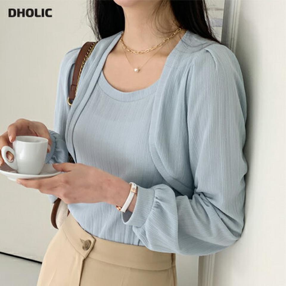 ラウンドボレロレイヤード風Tシャツ・全4色・t00549 レディース 【tops】韓国ファッション トップス Tシャツ 大人 長袖 ラウンドネック ボレロ ノースリーブ レイヤード風 パフスリーブ 無地 シンプル フェミニン カジュアル 春 秋