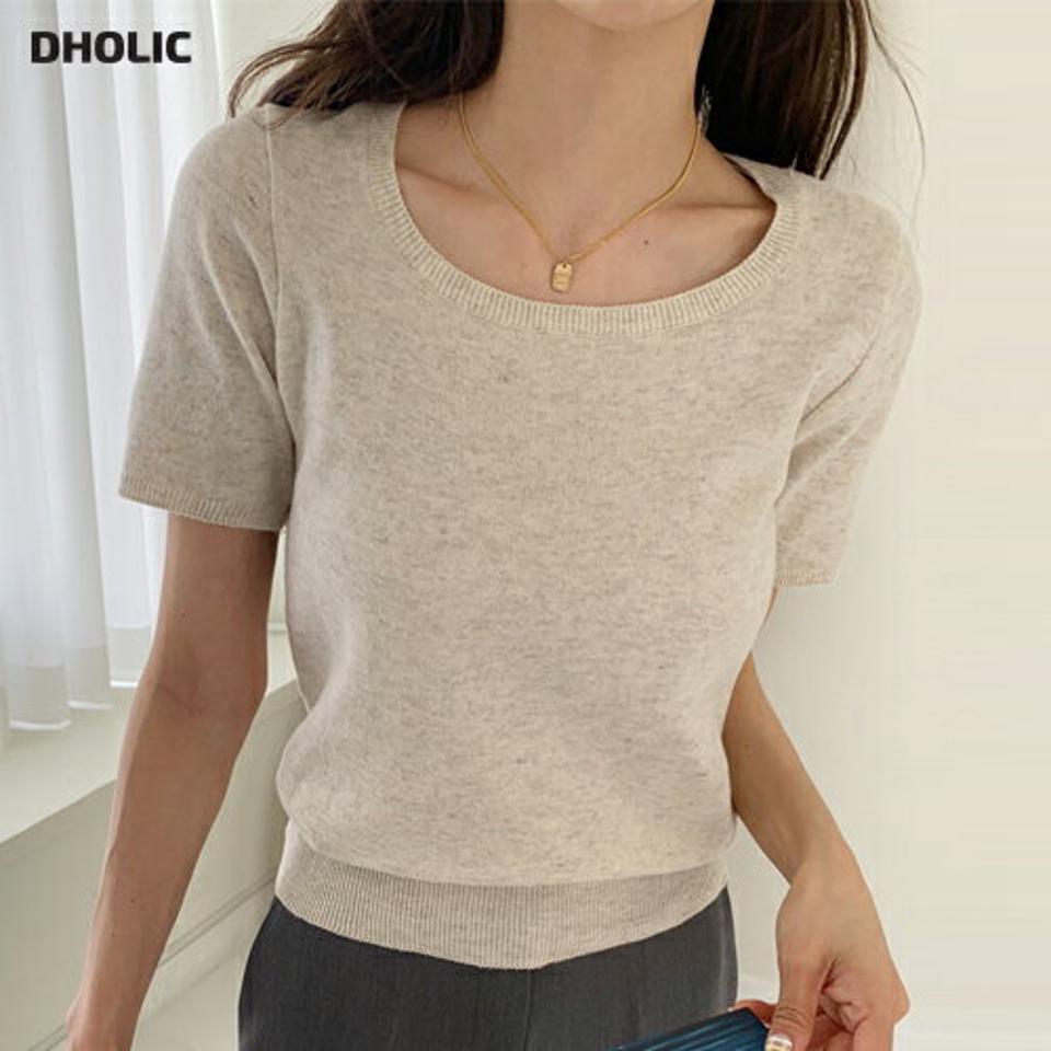 メランジスクエア半袖ニット・全5色・t00553 レディース 【tops】韓国ファッション トップス Tシャツ 大人 半袖 スクエアネック メランジ シンプル デコルテ フェミニン カジュアル デイリー 夏 春 秋