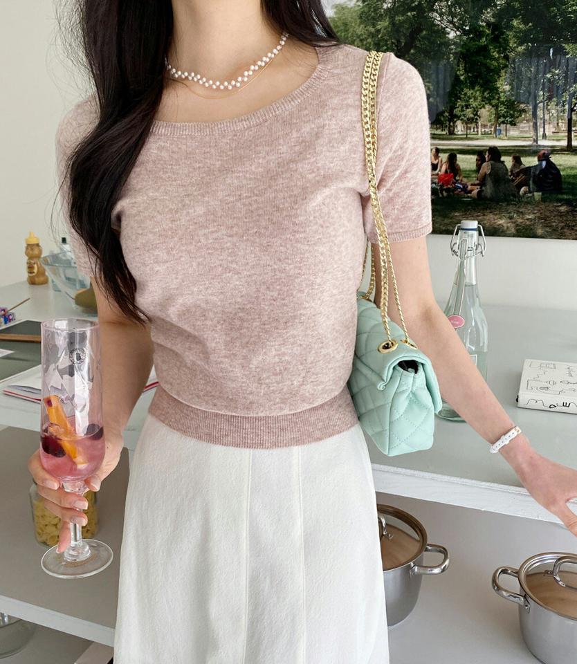 メランジスクエア半袖ニット・全5色・t00553 レディース 【tops】韓国ファッション トップス Tシャツ 大人 半袖 スクエアネック メランジ シンプル デコルテ フェミニン カジュアル デイリー 夏 春 秋