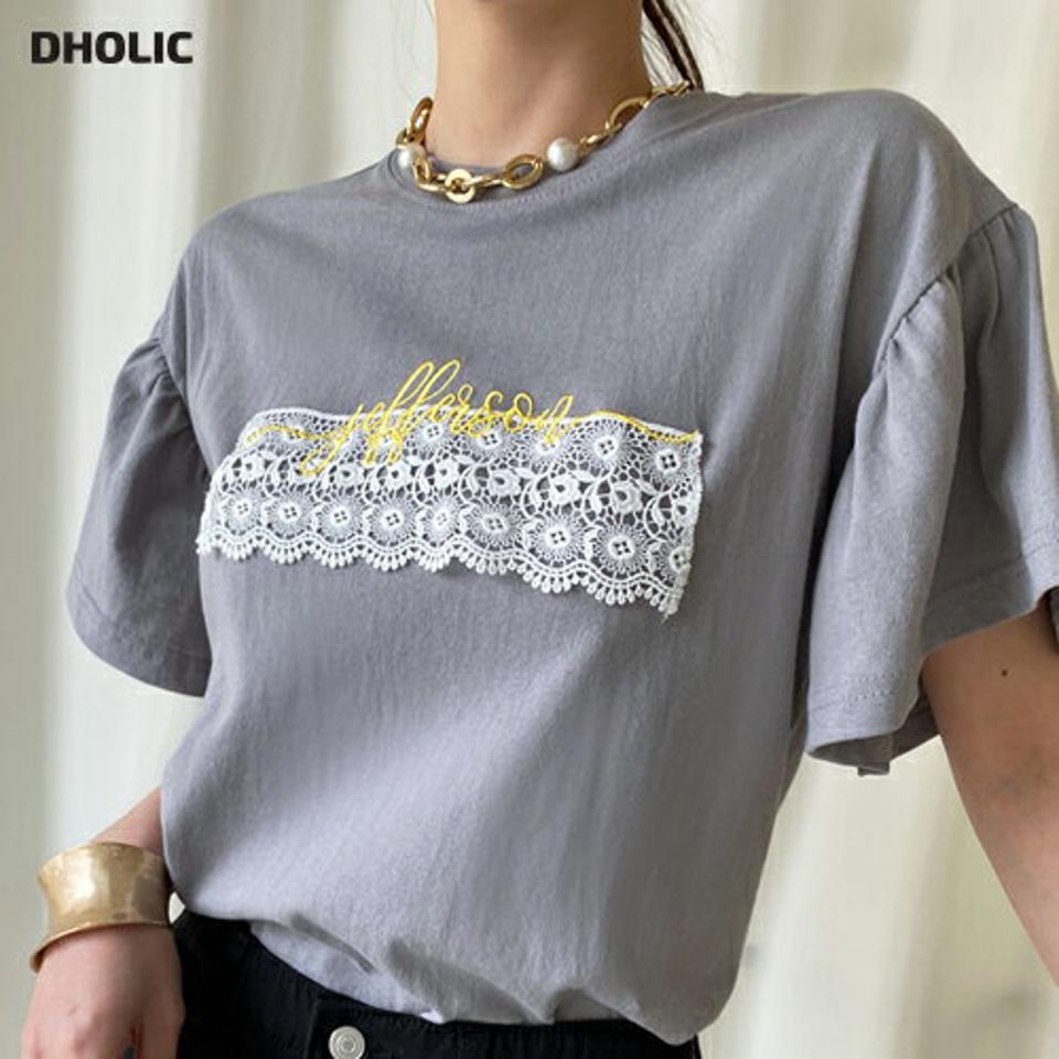 レース刺繍レタリングTシャツ・全3色・t71869 レディース 【tops】トップス Tシャツ 大人 半袖 ラウンドネック レース 刺繍 レタリング ロゴ シンプル フェミニン カジュアル ロゴT 二の腕カバー 夏 春 秋 韓国ファッション ハイホリHIHOLLI