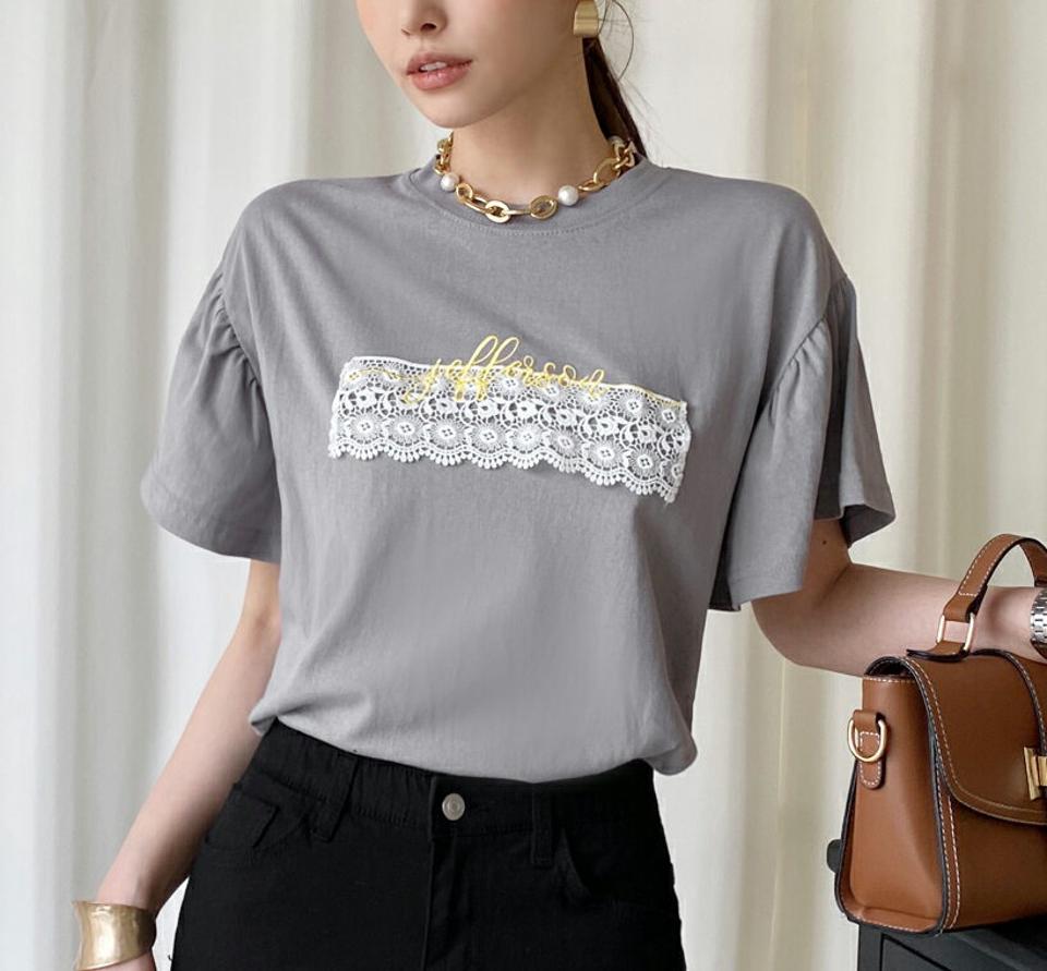 レース刺繍レタリングTシャツ・全3色・t71869 レディース 【tops】トップス Tシャツ 大人 半袖 ラウンドネック レース 刺繍 レタリング ロゴ シンプル フェミニン カジュアル ロゴT 二の腕カバー 夏 春 秋 韓国ファッション ハイホリHIHOLLI