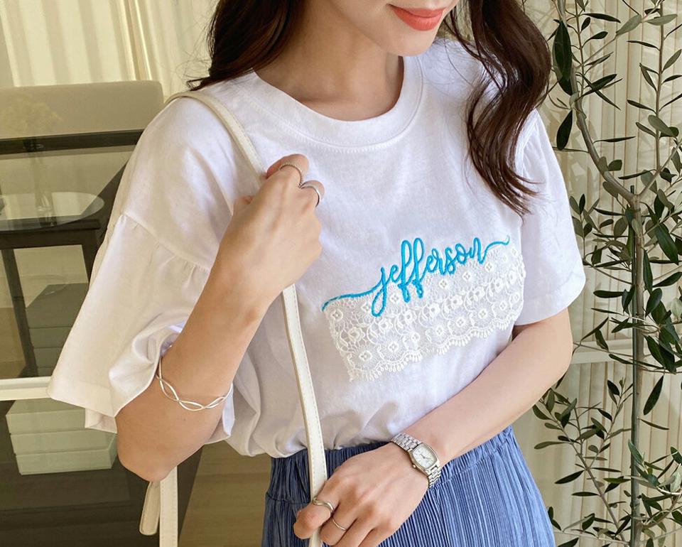 レース刺繍レタリングTシャツ・全3色・t71869 レディース 【tops】トップス Tシャツ 大人 半袖 ラウンドネック レース 刺繍 レタリング ロゴ シンプル フェミニン カジュアル ロゴT 二の腕カバー 夏 春 秋 韓国ファッション ハイホリHIHOLLI
