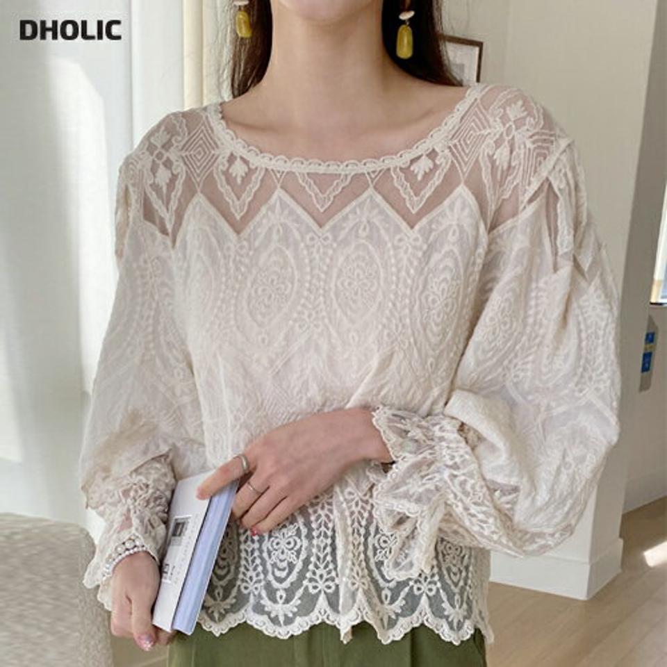 レースシースルーブラウス・全2色・b71843 レディース 【bl】トップス ブラウス 長袖 ラウンドネック レース シースルー ジグザグ パフスリーブ クロップド丈 シンプル カジュアル フェミニン 春 秋 韓国ファッション ハイホリHIHOLLI