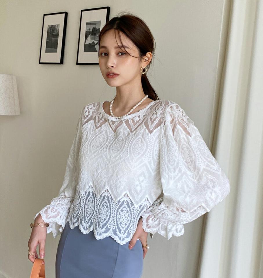 レースシースルーブラウス・全2色・b71843 レディース 【bl】トップス ブラウス 長袖 ラウンドネック レース シースルー ジグザグ パフスリーブ クロップド丈 シンプル カジュアル フェミニン 春 秋 韓国ファッション ハイホリHIHOLLI