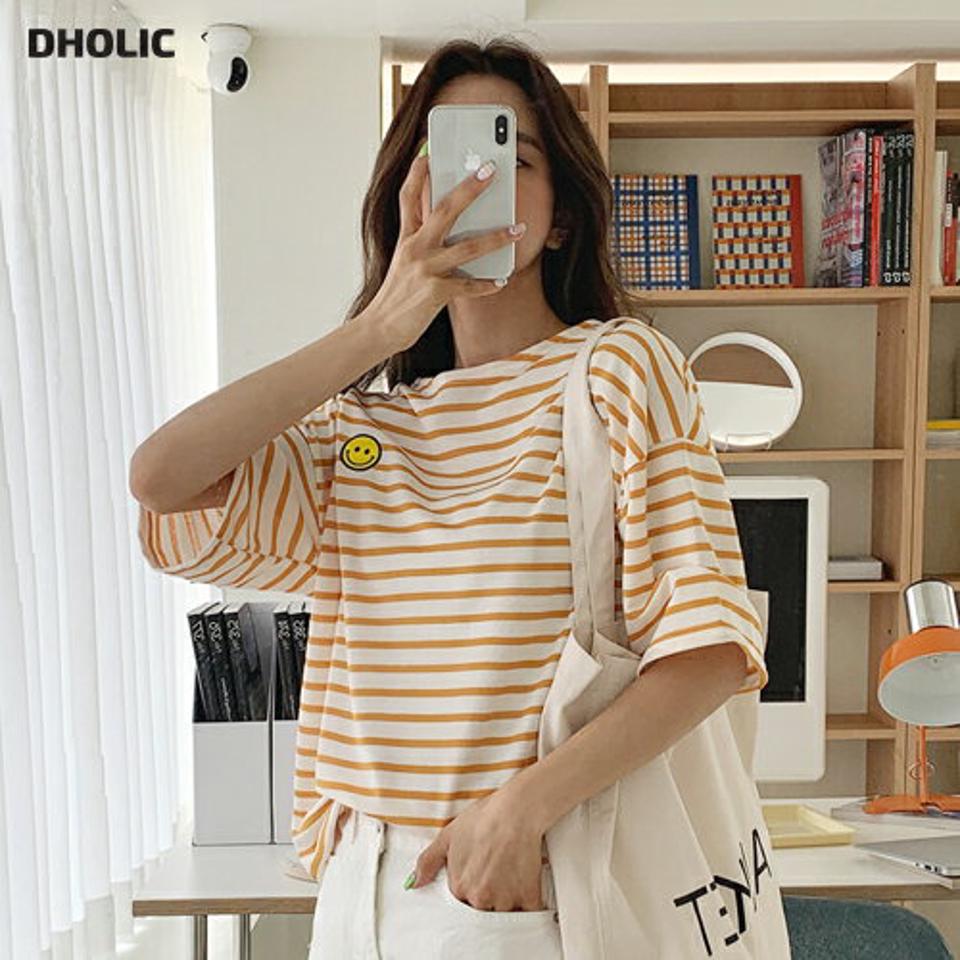 ボーダースマイル半袖Tシャツ・全6色・t00544 レディース 【tops】韓国ファッション トップス Tシャツ 大人 半袖 ラウンドネック ボーダー スマイル かわいい 可愛い フェミニン カジュアル デイリー 夏 春 秋