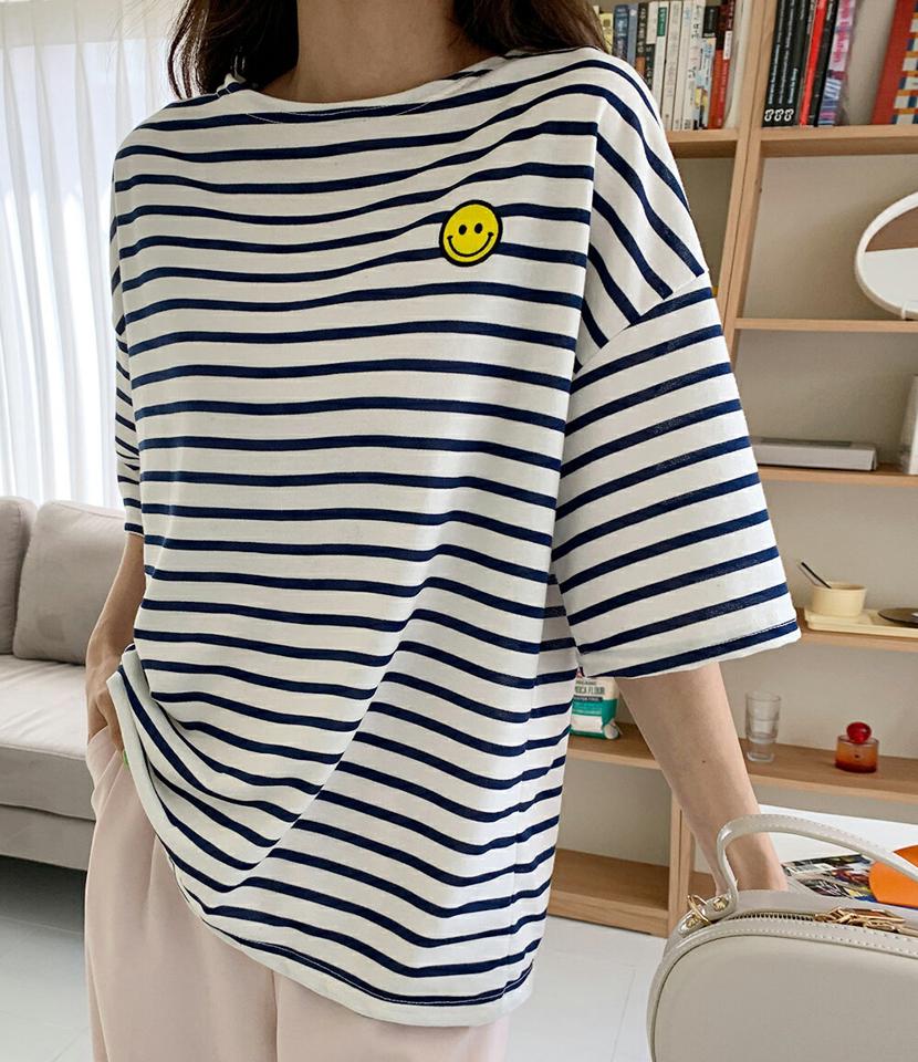 ボーダースマイル半袖Tシャツ・全6色・t00544 レディース 【tops】韓国ファッション トップス Tシャツ 大人 半袖 ラウンドネック ボーダー スマイル かわいい 可愛い フェミニン カジュアル デイリー 夏 春 秋