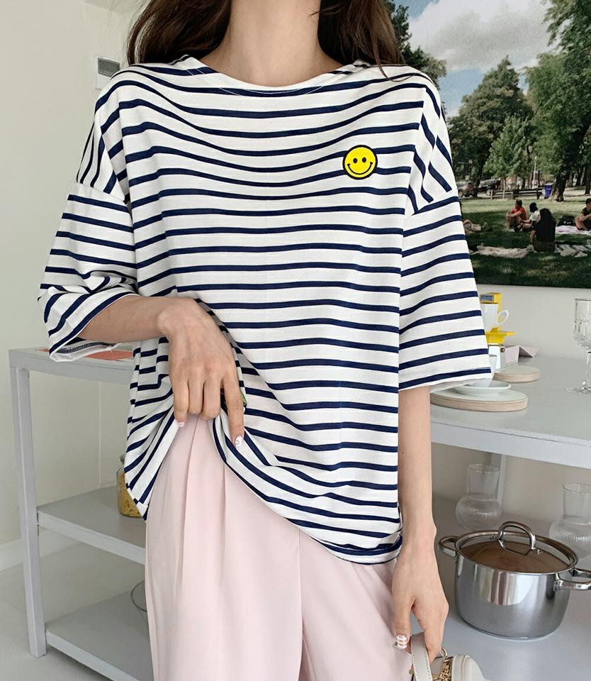 ボーダースマイル半袖Tシャツ・全6色・t00544 レディース 【tops】韓国ファッション トップス Tシャツ 大人 半袖 ラウンドネック ボーダー スマイル かわいい 可愛い フェミニン カジュアル デイリー 夏 春 秋