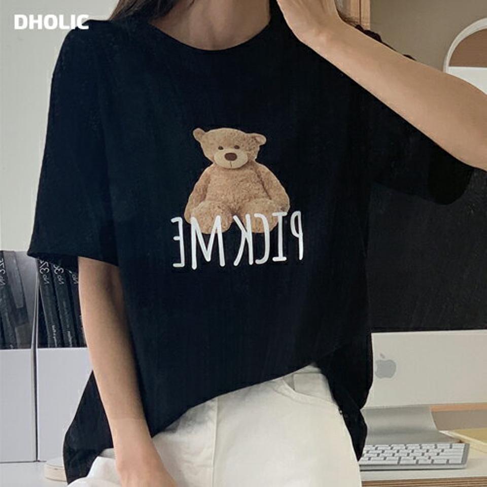 【10%OFF】ベアプリント半袖Tシャツ・全3色・t00548 レディース 【tops】韓国ファッション トップス Tシャツ 大人 半袖 ラウンドネック ベアプリント コットン ルーズ かわいい 可愛い フェミニン カジュアル デイリー 夏 春 秋 半Tセール