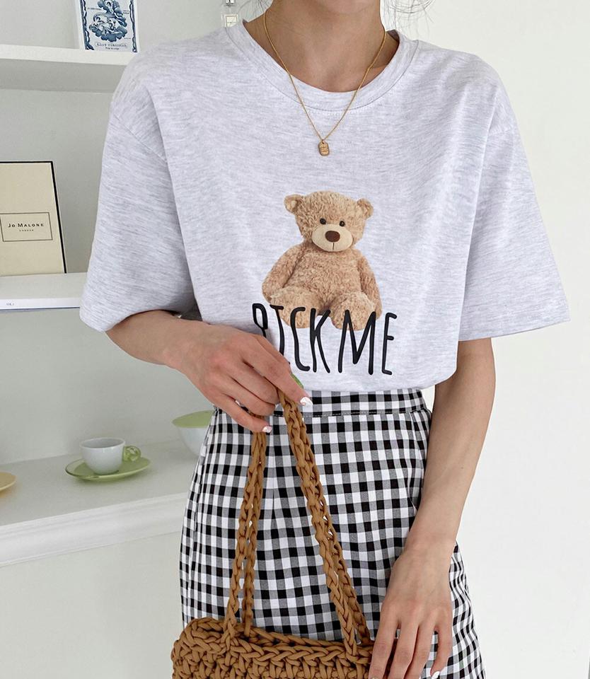 【10%OFF】ベアプリント半袖Tシャツ・全3色・t00548 レディース 【tops】韓国ファッション トップス Tシャツ 大人 半袖 ラウンドネック ベアプリント コットン ルーズ かわいい 可愛い フェミニン カジュアル デイリー 夏 春 秋 半Tセール