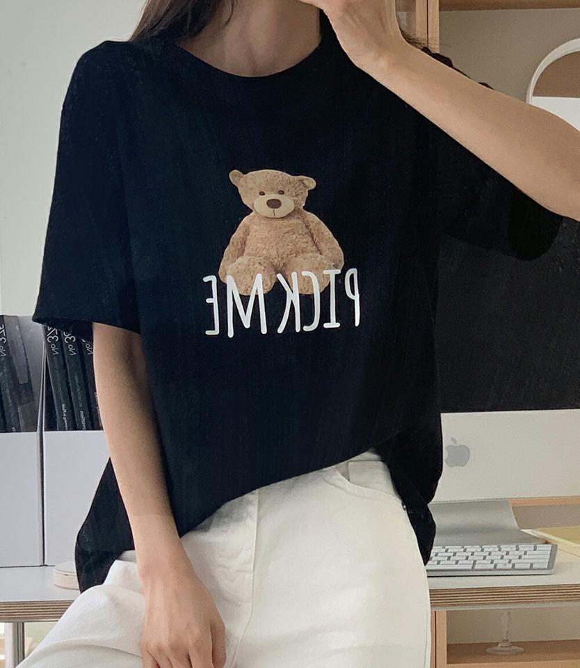 【10%OFF】ベアプリント半袖Tシャツ・全3色・t00548 レディース 【tops】韓国ファッション トップス Tシャツ 大人 半袖 ラウンドネック ベアプリント コットン ルーズ かわいい 可愛い フェミニン カジュアル デイリー 夏 春 秋 半Tセール