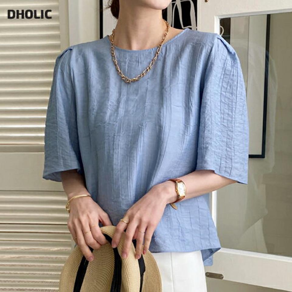 リンクルラウンドパフブラウス・全5色・t71992 レディース 【bl】トップス ブラウス 半袖 ハーフスリーブ パフ袖 パフスリーブ リンクル 単色 シンプル 大人 フレアスリーブ クロップド丈 水色 春 夏 韓国ファッション ハイホリHIHOLLI