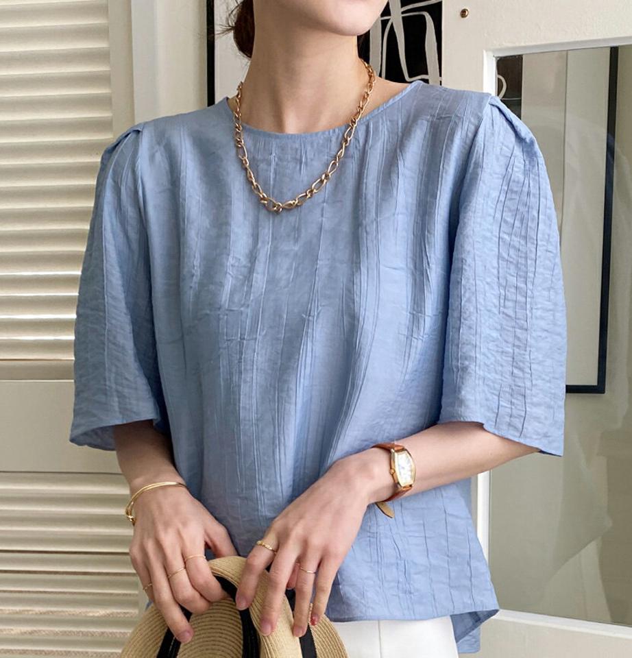 リンクルラウンドパフブラウス・全5色・t71992 レディース 【bl】トップス ブラウス 半袖 ハーフスリーブ パフ袖 パフスリーブ リンクル 単色 シンプル 大人 フレアスリーブ クロップド丈 水色 春 夏 韓国ファッション ハイホリHIHOLLI