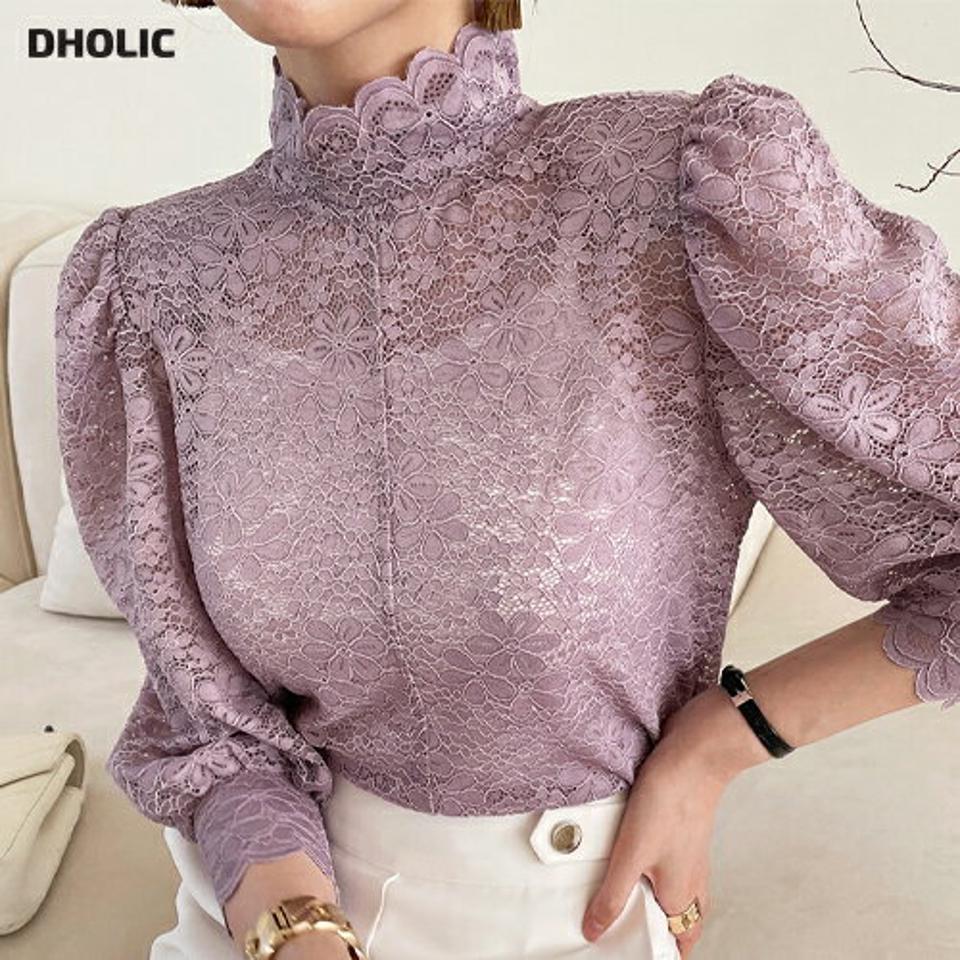 ハイネックフラワーレースブラウス・全3色・b72014 レディース 【bl】トップス ブラウス 七分袖 7分袖 レース 総レース 花柄 ハイネック 上品 フェミニン パフ袖 パフスリーブ 肩パッド 大人 きれいめ ピンク 春 夏 韓国ファッション ハイホリHIHOLLI