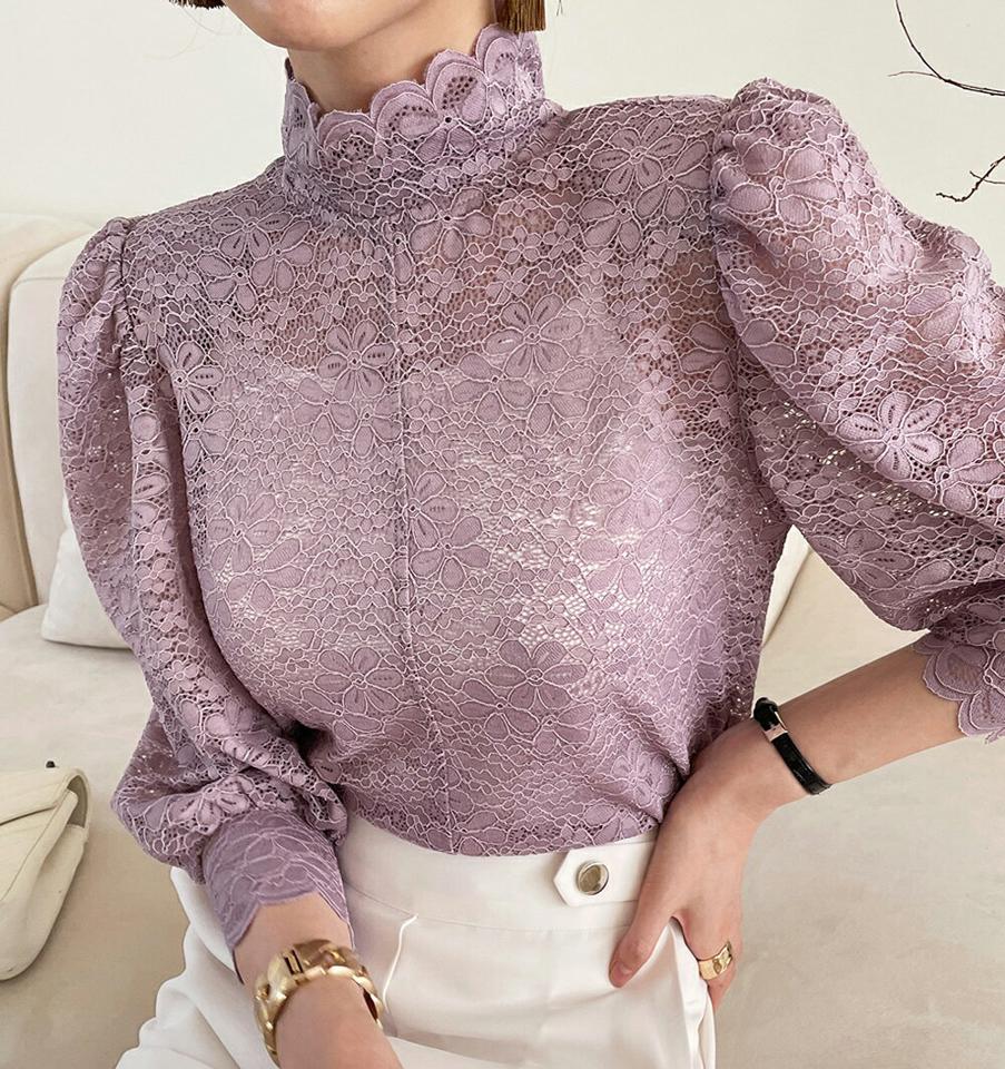 ハイネックフラワーレースブラウス・全3色・b72014 レディース 【bl】トップス ブラウス 七分袖 7分袖 レース 総レース 花柄 ハイネック 上品 フェミニン パフ袖 パフスリーブ 肩パッド 大人 きれいめ ピンク 春 夏 韓国ファッション ハイホリHIHOLLI