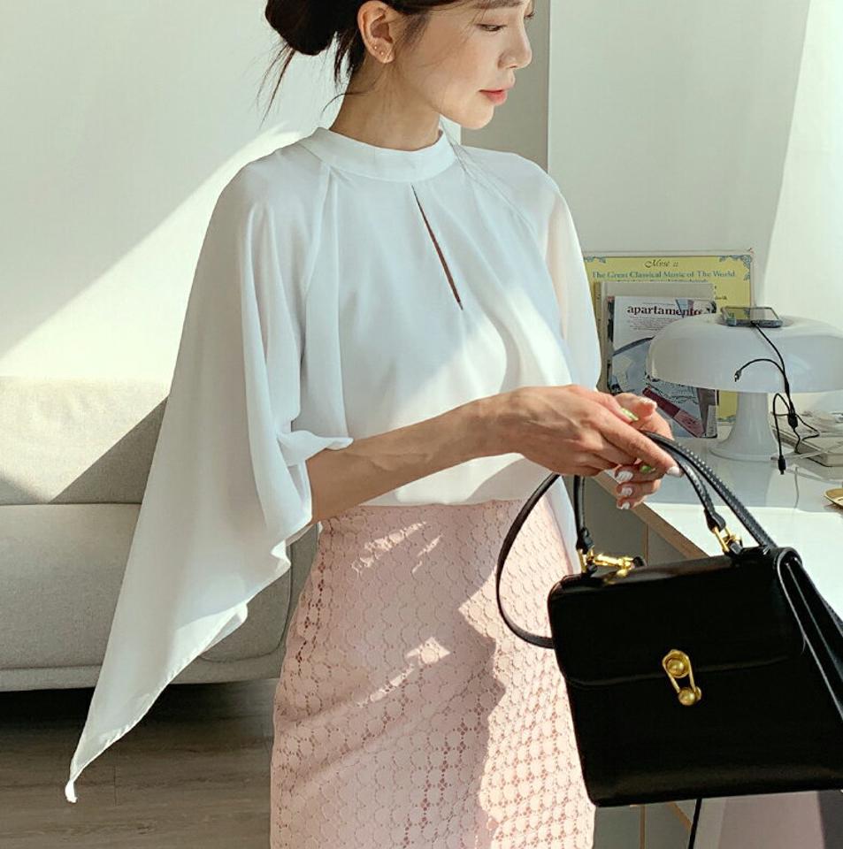 ケープ風ハーフネックブラウス・全4色・b00365 レディース 【bl】韓国ファッション トップス ブラウス ハーフネック ネックスリット ケープ風 シフォン 無地 シンプル 上品 カジュアル フェミニン 二の腕カバー オフィス 骨ウェ 骨格ウェーブ 夏 春 秋