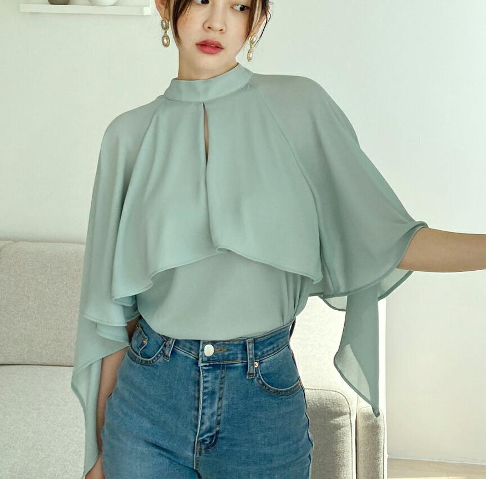 ケープ風ハーフネックブラウス・全4色・b00365 レディース 【bl】韓国ファッション トップス ブラウス ハーフネック ネックスリット ケープ風 シフォン 無地 シンプル 上品 カジュアル フェミニン 二の腕カバー オフィス 骨ウェ 骨格ウェーブ 夏 春 秋