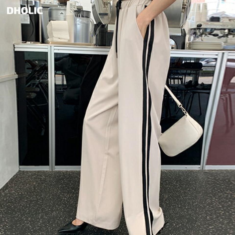 配色ラインワイドパンツ・全2色・t00429 レディース 【pt】韓国ファッション ボトムス ロング ロングパンツ 配色ライン ワイドパンツ スリット シンプル ユニーク ハイウエスト 足長 細身 フェミニン カジュアル 春 秋