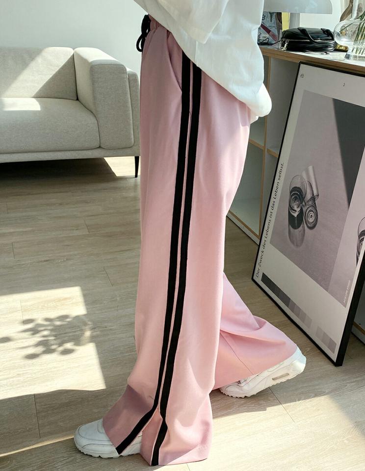 配色ラインワイドパンツ・全2色・t00429 レディース 【pt】韓国ファッション ボトムス ロング ロングパンツ 配色ライン ワイドパンツ スリット シンプル ユニーク ハイウエスト 足長 細身 フェミニン カジュアル 春 秋