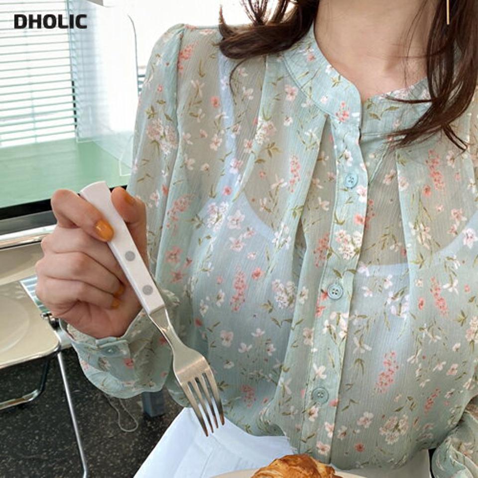 【マラソン特価】バンドカラーフラワーブラウス・全3色・b00368 レディース 【bl】韓国ファッション トップス ブラウス 長袖 バンドカラー 花柄 フラワー フローラル パフスリーブ かわいい 可愛い シンプル カジュアル フェミニン デイリー 春 秋