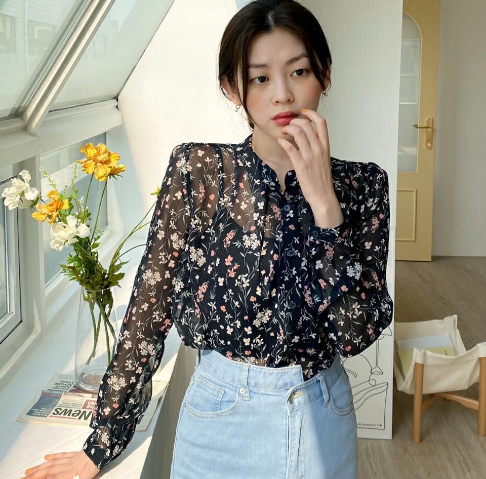 【マラソン特価】バンドカラーフラワーブラウス・全3色・b00368 レディース 【bl】韓国ファッション トップス ブラウス 長袖 バンドカラー 花柄 フラワー フローラル パフスリーブ かわいい 可愛い シンプル カジュアル フェミニン デイリー 春 秋