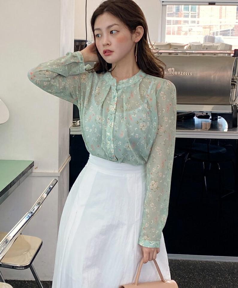 【マラソン特価】バンドカラーフラワーブラウス・全3色・b00368 レディース 【bl】韓国ファッション トップス ブラウス 長袖 バンドカラー 花柄 フラワー フローラル パフスリーブ かわいい 可愛い シンプル カジュアル フェミニン デイリー 春 秋