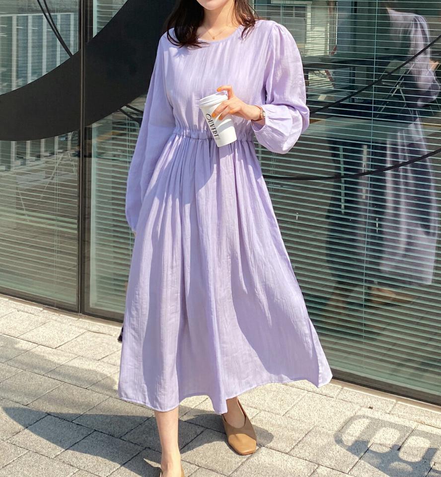 リンクルストリングフレアワンピース・全3色・t00396 レディース 【ops】韓国ファッション ワンピース ロング ロングワンピース 長袖 ラウンドネック リンクル ストリング フレア ロング丈 無地 シンプル フェミニン 春 秋