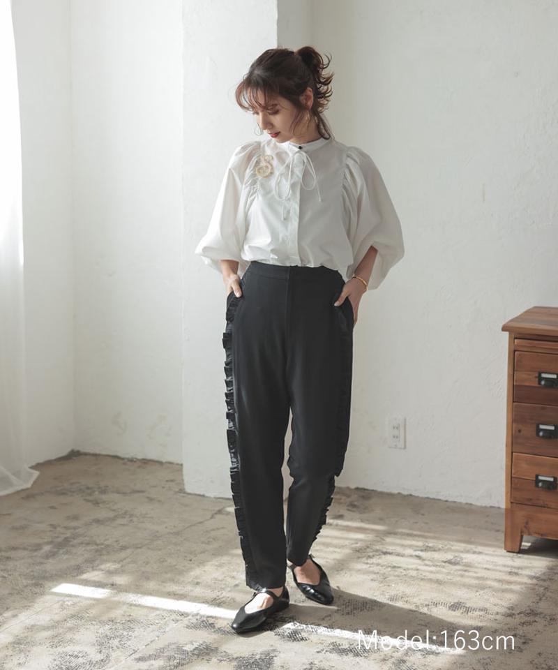 パンツ レディース ロングパンツ ボトムス テーパードパンツ フリルパンツ きれいめパンツ オケージョン フォーマルパンツ サイドフリル パンツ Donoban｜韓国ファッション 夏服 人気 脚長効果 美脚 ウエストゴム ドノバン
