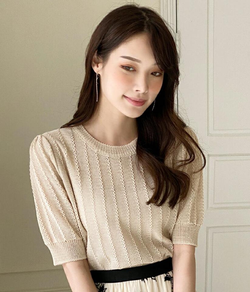 パンチング半袖ニット・全4色・b00333 レディース 【tops】トップス ニット 半袖 ハーフスリーブ パンチングニット 単色 かわいい カジュアル パフスリーブ パフ袖 春 夏 韓国ファッション ハイホリHIHOLLI