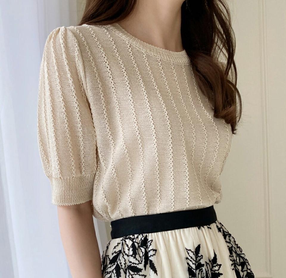 パンチング半袖ニット・全4色・b00333 レディース 【tops】トップス ニット 半袖 ハーフスリーブ パンチングニット 単色 かわいい カジュアル パフスリーブ パフ袖 春 夏 韓国ファッション ハイホリHIHOLLI